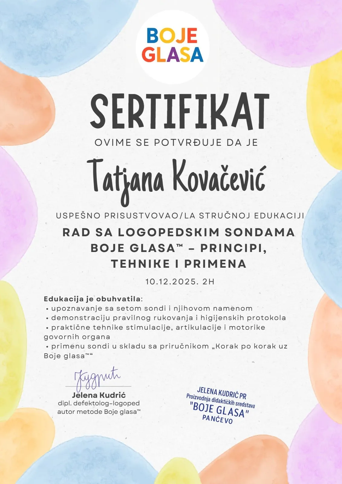 Sertifikat: Rad sa logopedskim sondama Boje glasa™ – principi, tehnike i primena