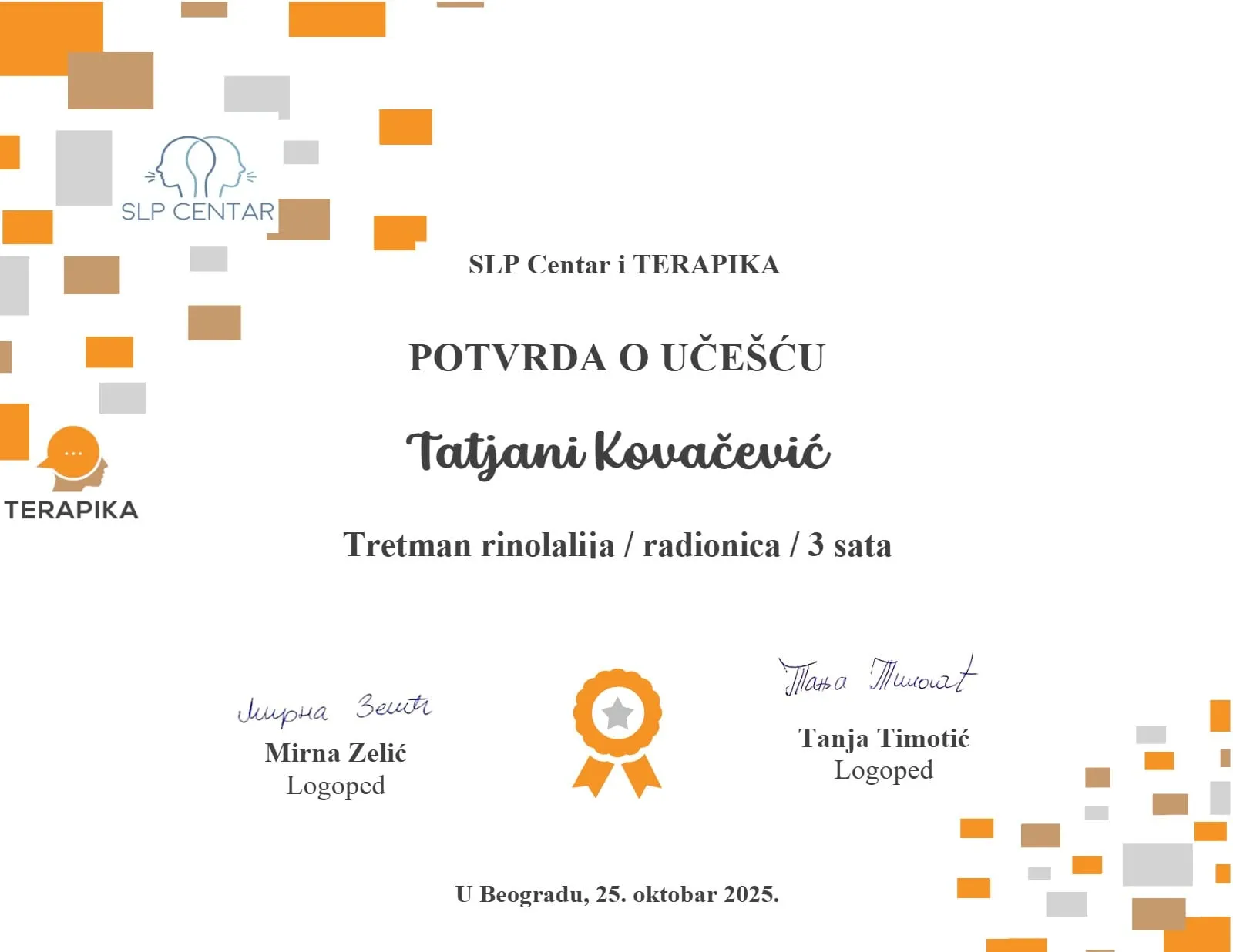Sertifikat: Tretman rinolalija