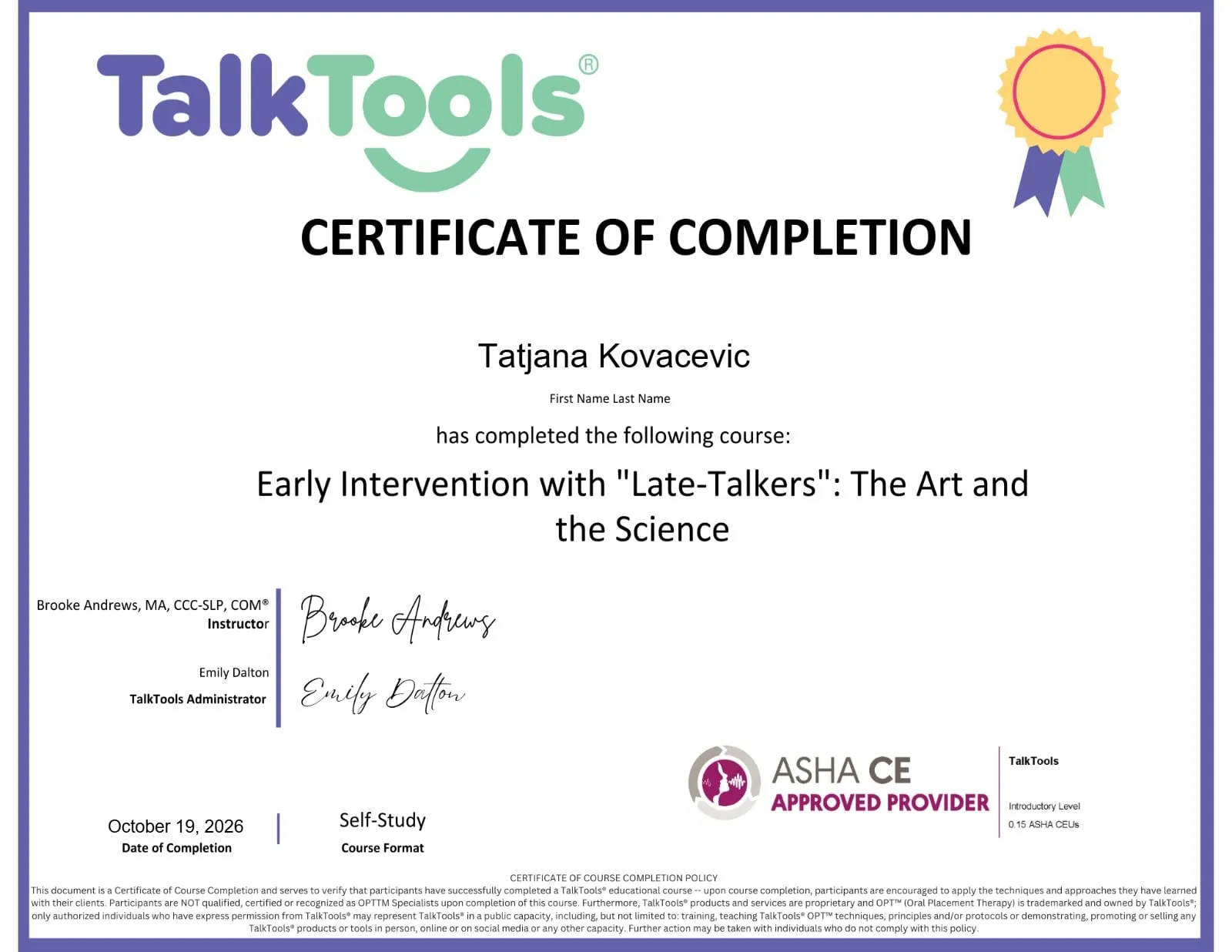Sertifikat: Early Intervention with „Late-Talkers“: The Art and the Science